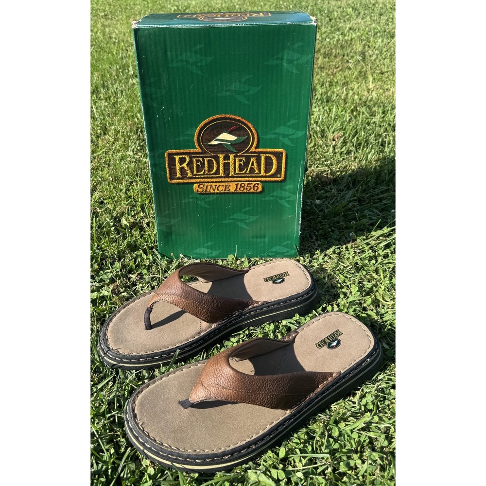 RedHead Sandals Mens Size 13 Brown Leather Thong Flip Flop Cushioned Casual